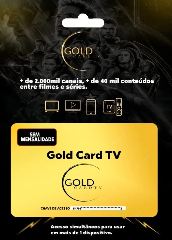 Cartão Gold Card TV com chave de acesso, selo sem mensalidade e ícones de TV, celular, computador e TV Box